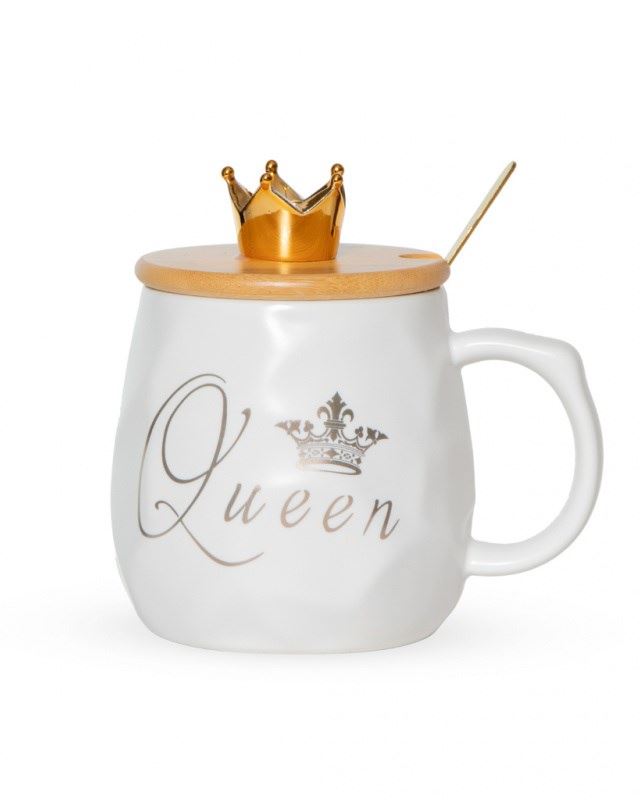 Чашка King/Queen з кришкою та ложкою, кераміка, біла, 385 мл