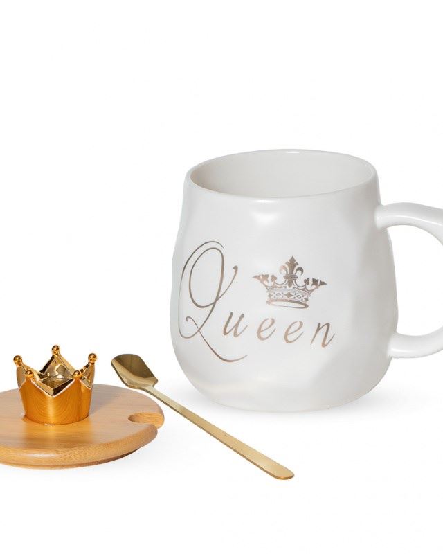 Чашка King/Queen з кришкою та ложкою, кераміка, біла, 385 мл