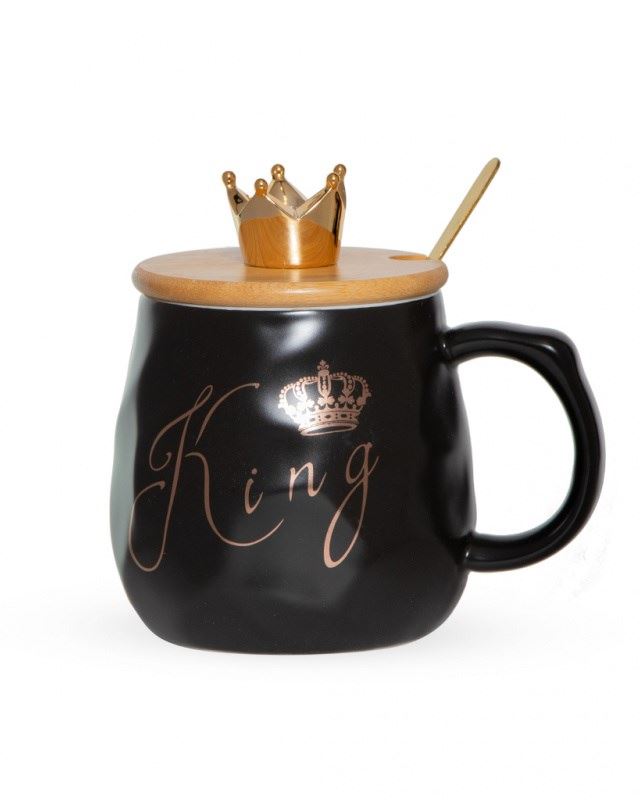 Чашка King/Queen з кришкою та ложкою, кераміка, чорна, 385 мл