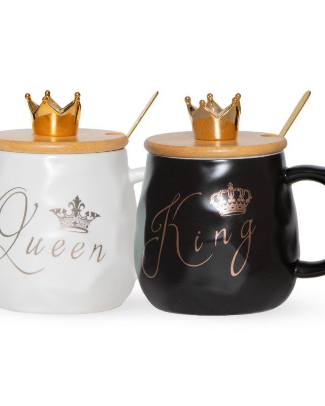 Чашка King/Queen з кришкою та ложкою, кераміка, чорна, 385 мл